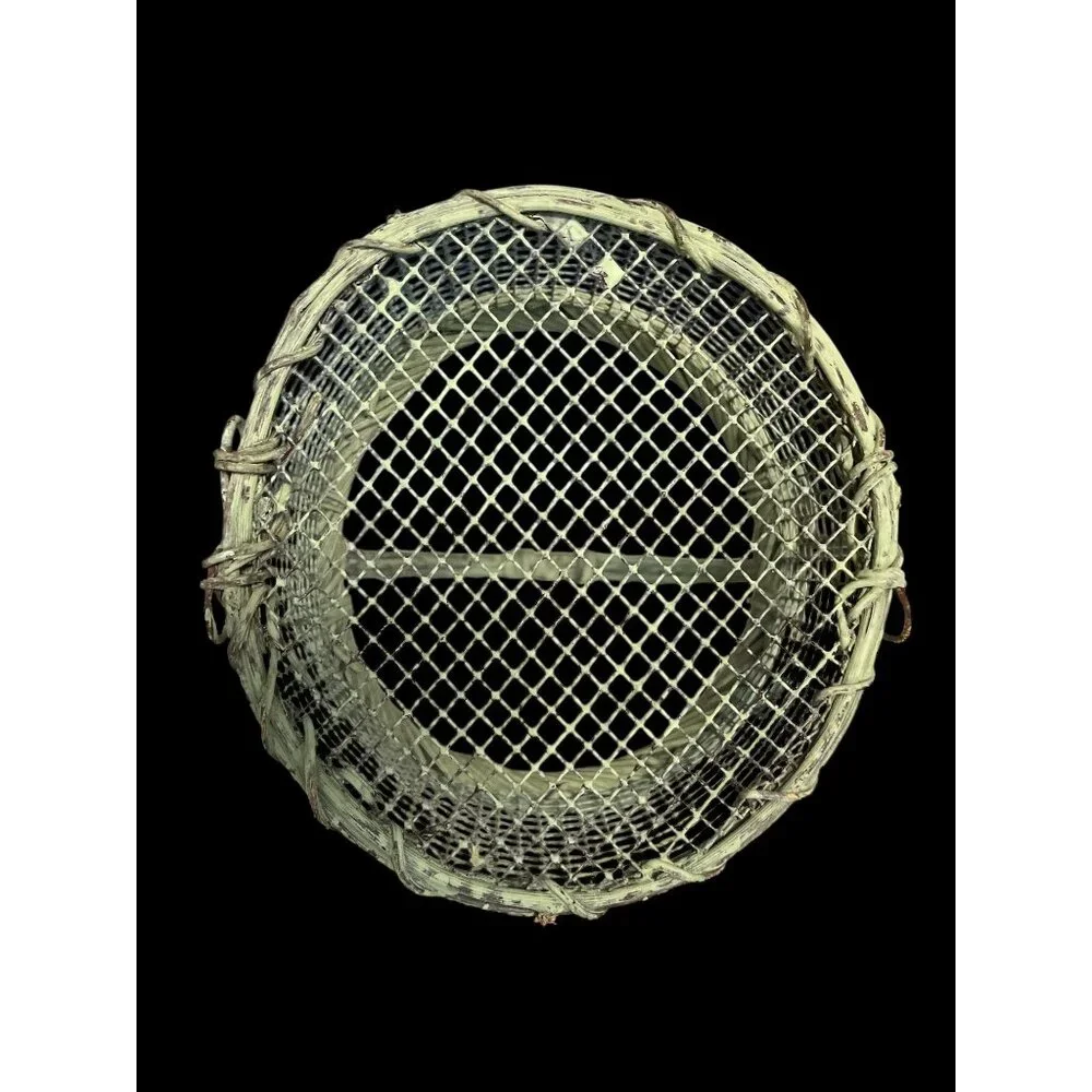 Vintage Wire and Wicker Basket with Handle – Rustic Farmhouse Decor – Round Mesh